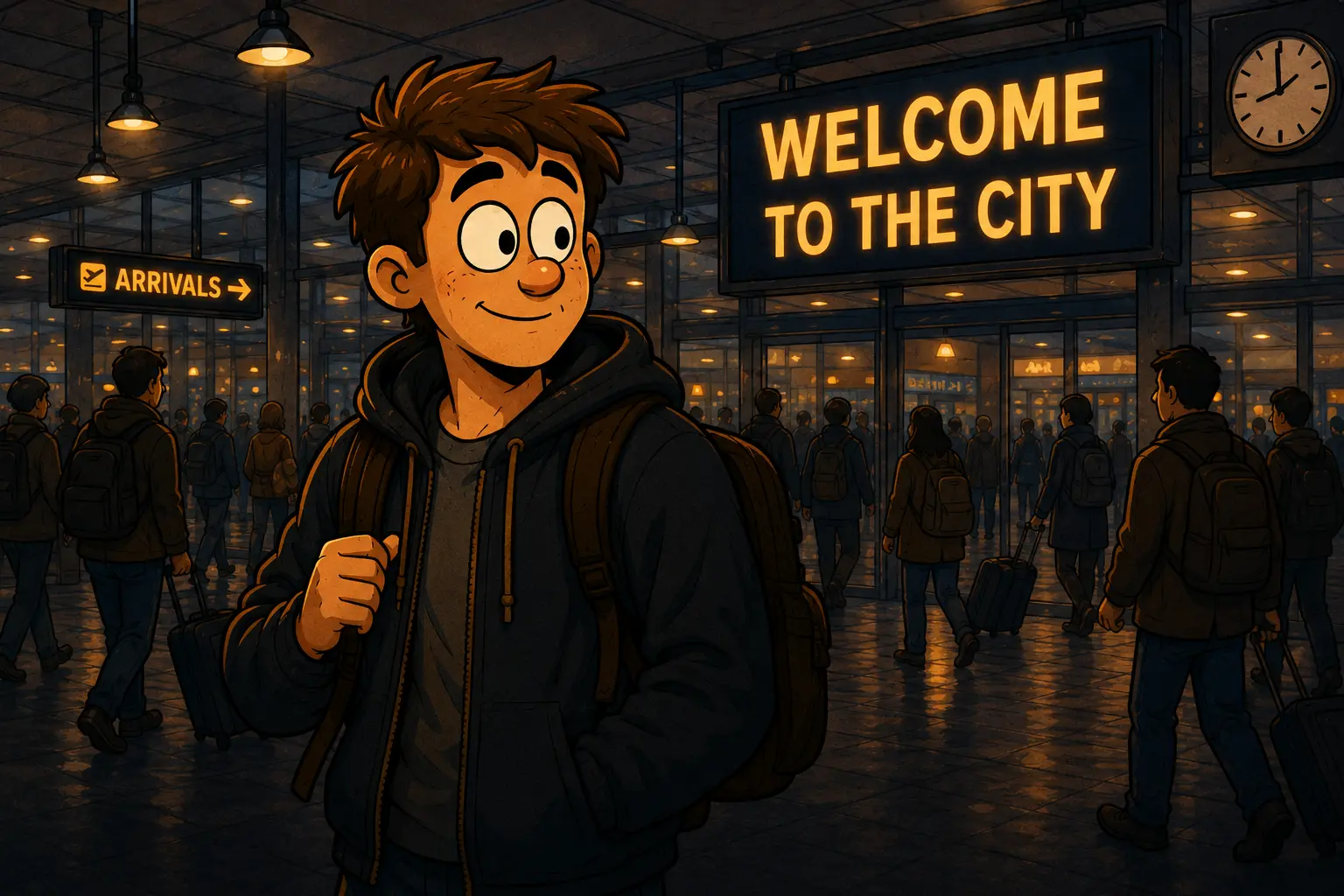 Daniel arrives in a new city and notices real English around him.