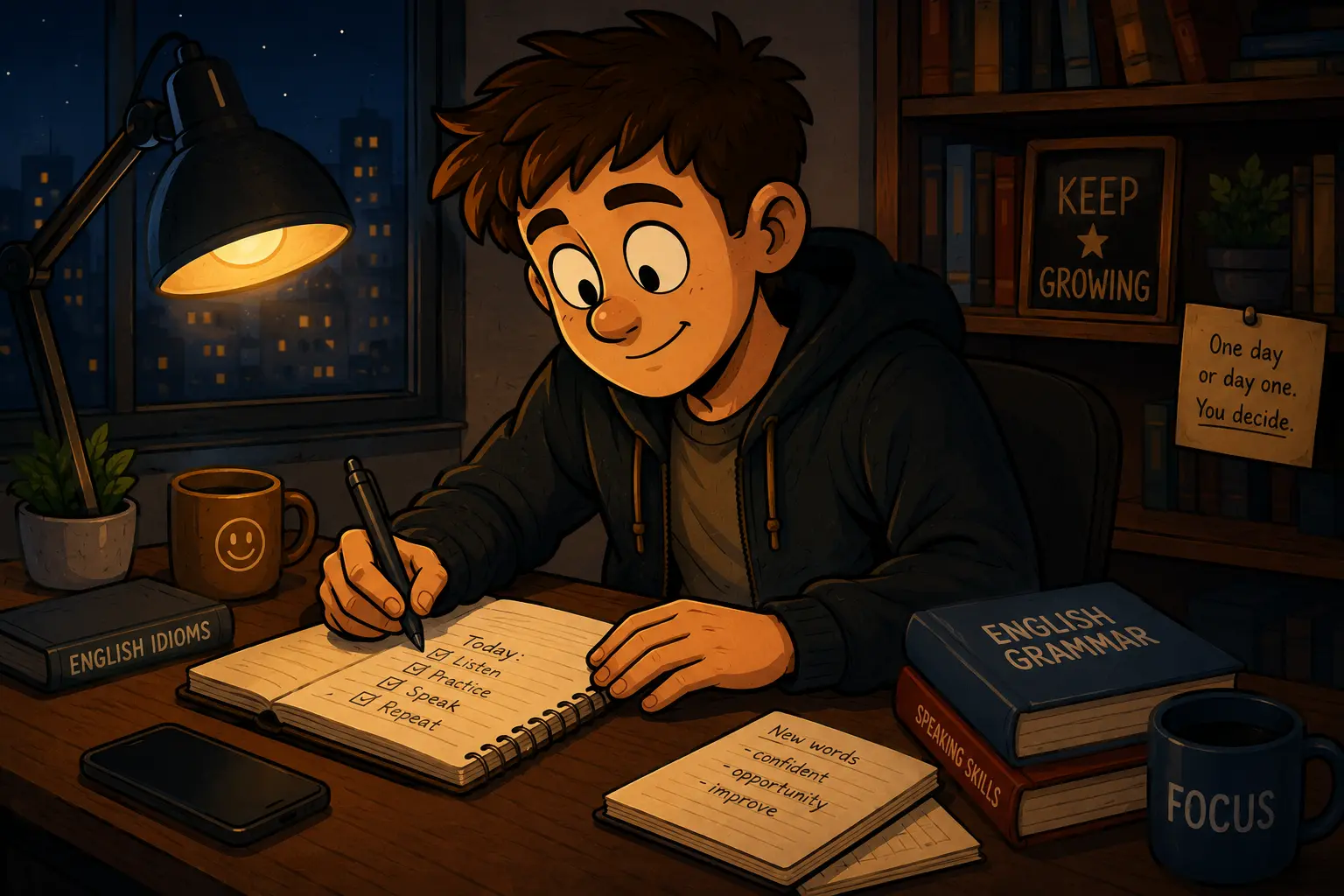 Daniel studies at night and builds a daily English routine.