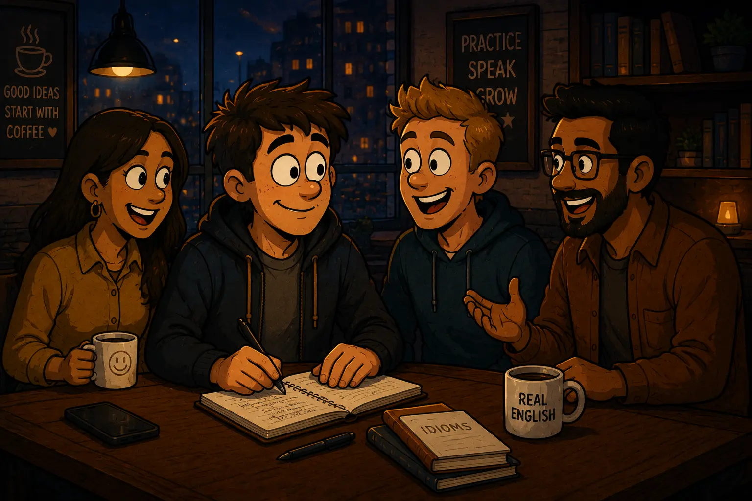 Daniel talks with friends and practices English in a real conversation.