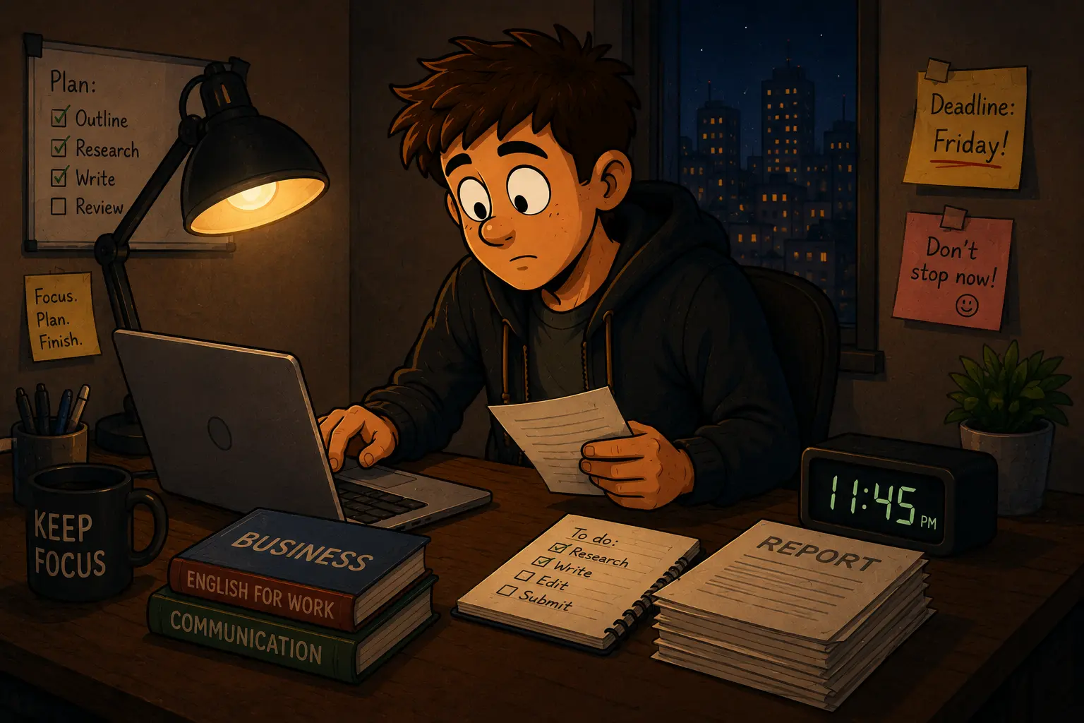 Daniel works late on a report and uses English for work challenges.