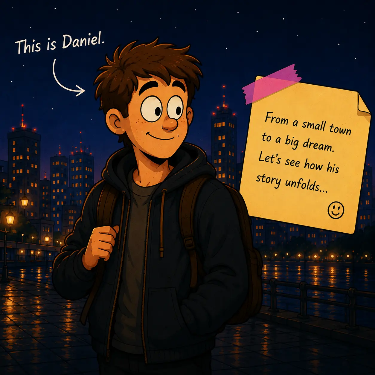 Daniel begins his English grammar journey in a new city.