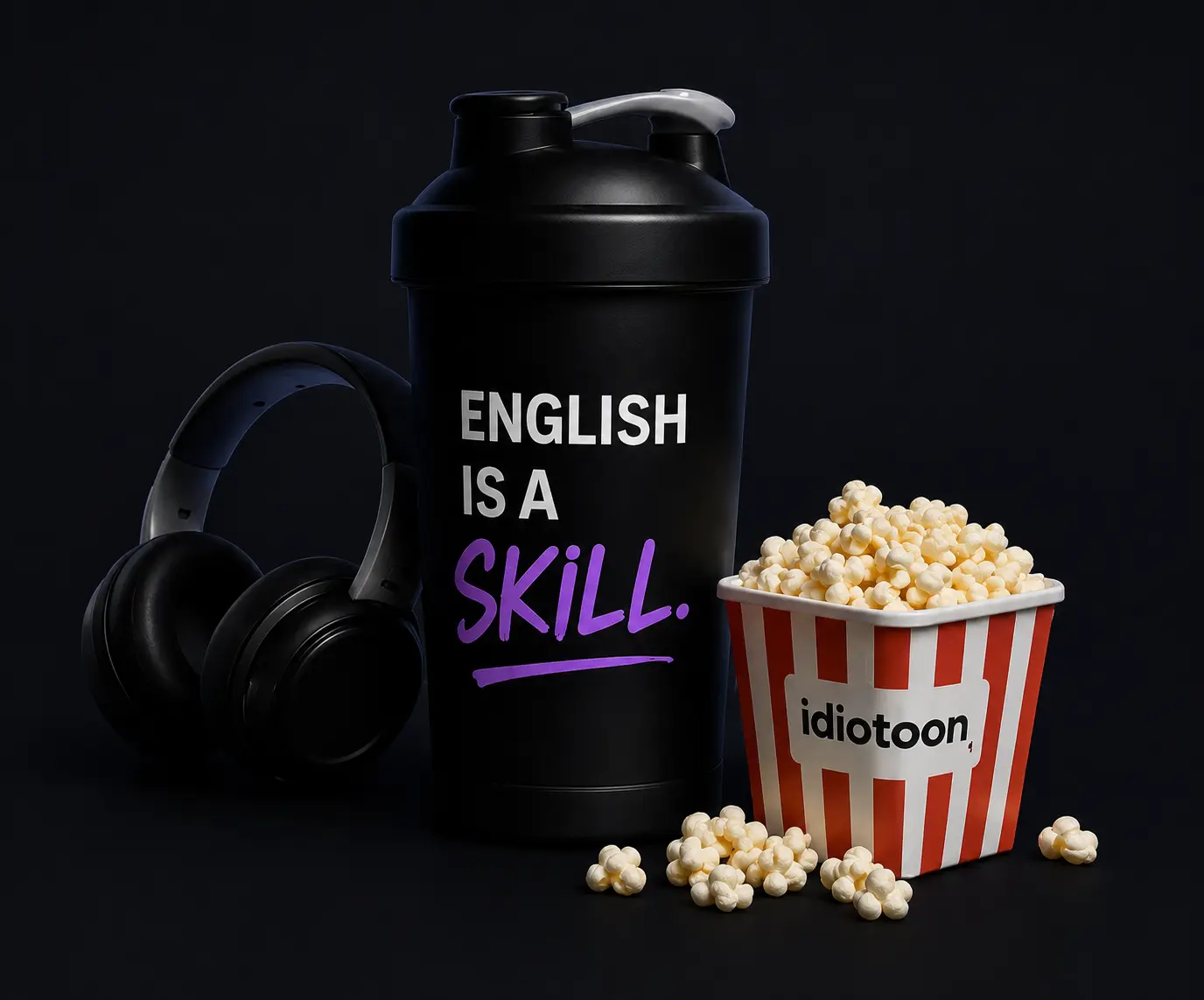 Idiotoon Gym artwork with a shaker bottle that says English is a skill